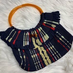 Navy and Red Woven Handbag with Orange Handles